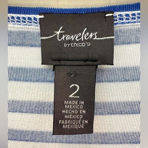 CHICO’S TRAVELERS | Blue White Striped Tunic Top Asymmetrical Hem | Size 2 Large - Picture 6 of 7